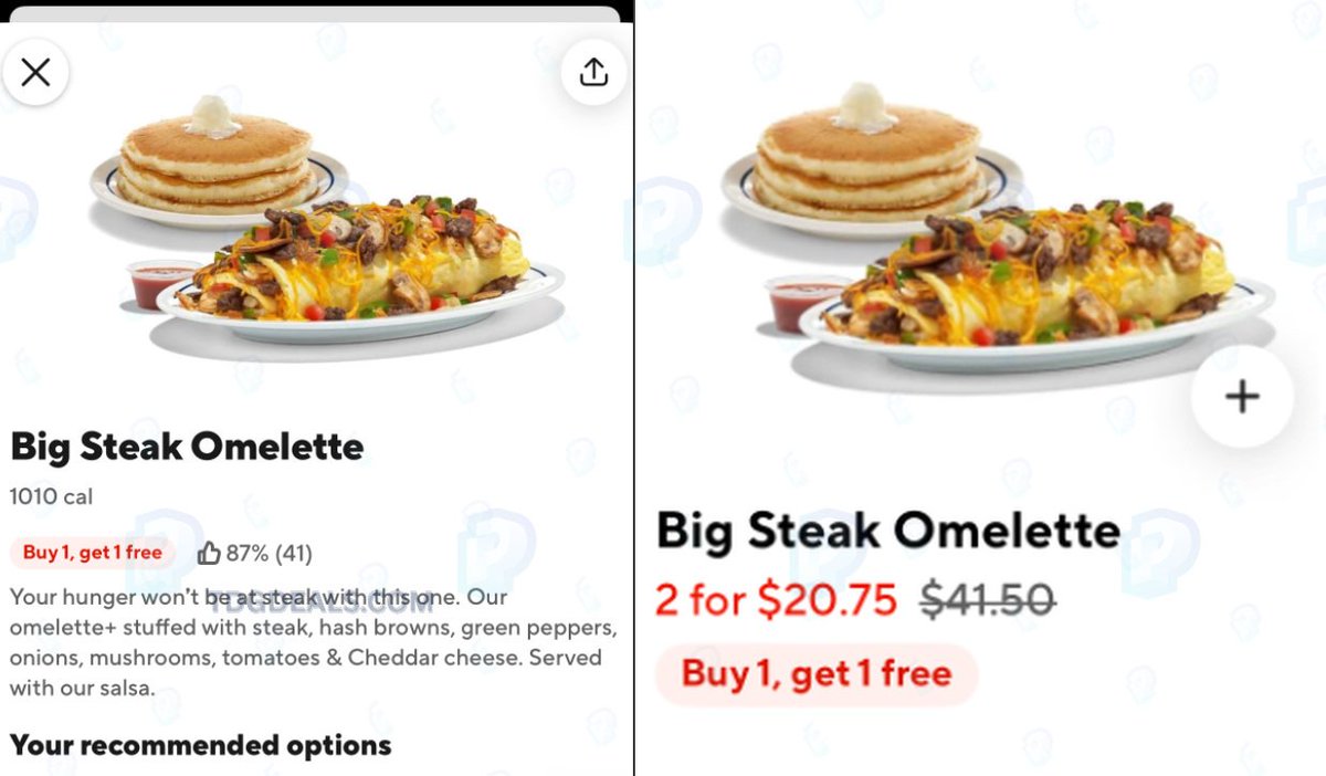 thedealsguy_'s tweet photo. BOGO FREE OMLETE FROM IHOP x DOORDASH

Doordash x IHOP is offering a BOGO free big steak Omlette right now at select locations. Grab it if you're hungry! 🍽️ 🤤 https://t.co/LpiYZmremI