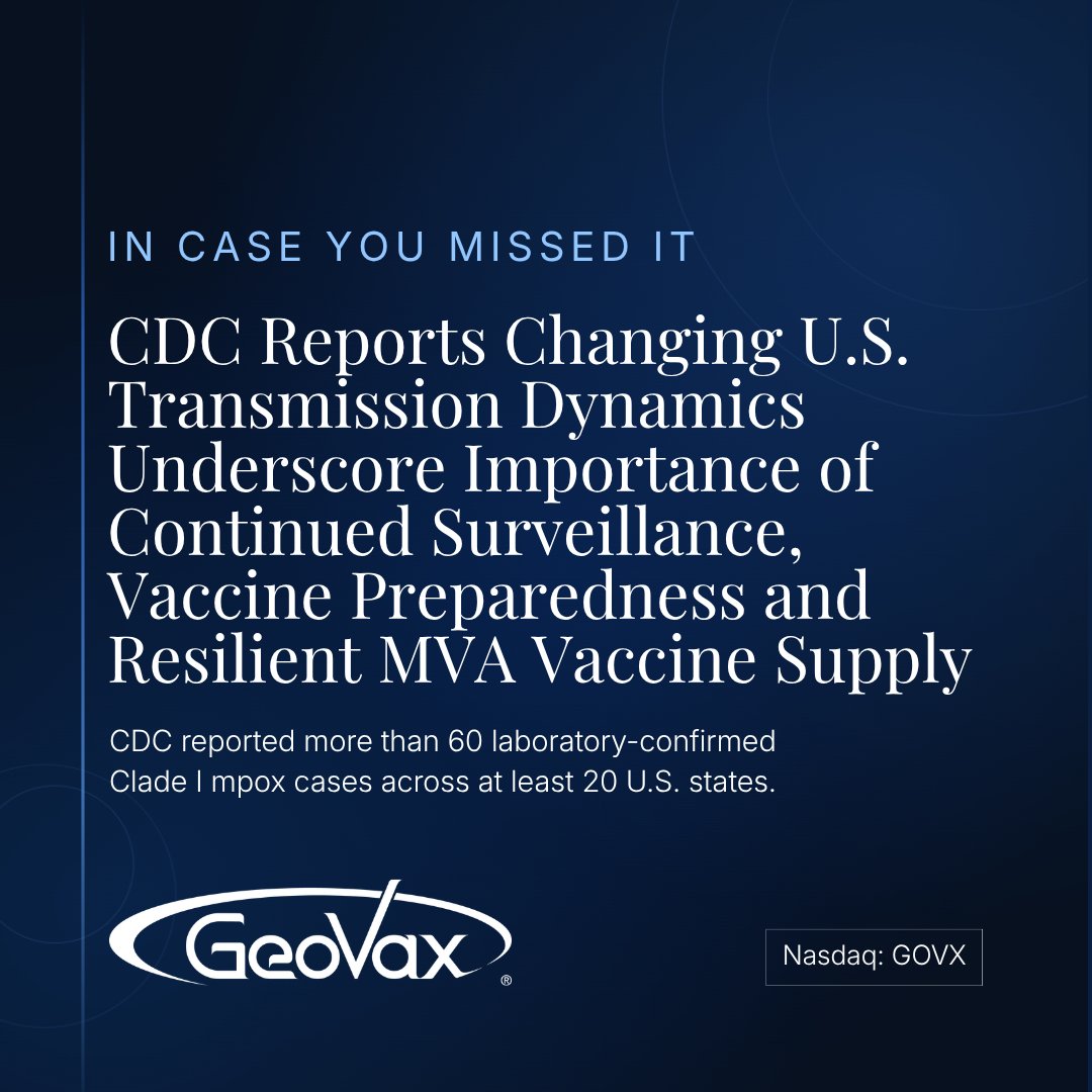 Geovax_News's tweet photo. Since August, an increasing proportion of U.S. Clade I mpox cases have occurred without recent international travel or known links to travelers. @CDCgov says this indicates a likely transition to sustained Clade Ib transmission.

Read more: https://t.co/3EEZk3Ollp $GOVX https://t.co/6umDI6j1iv