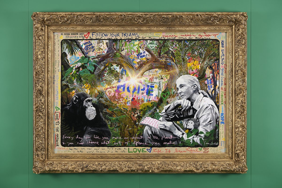 sciencemuseum's tweet photo. A portrait of ground-breaking ethologist Dr Jane Goodall by artist Mr Brainwash is now on free display at the Science Museum. 

Donated by the Jane Goodall Institute, the portrait celebrates her remarkable legacy: https://t.co/NKVhDcJfFA https://t.co/IupvtUl0cT