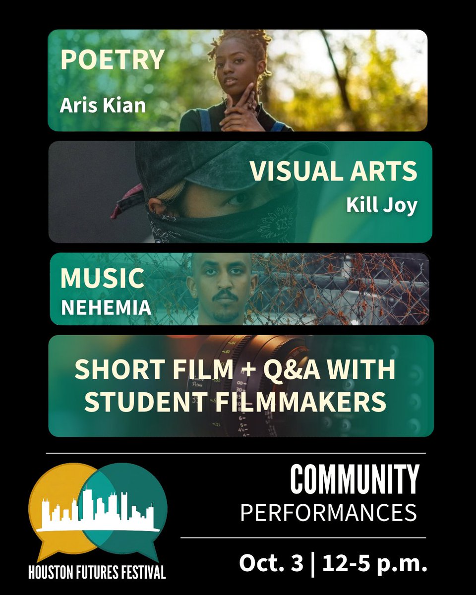 hobbyschooluh's tweet photo. Houston’s creativity takes center stage. From poetry and visual arts to music and a short film, the Houston Futures Festival on Oct. 3 will feature local artists celebrating the voices, stories and cultures that make our city unique. Learn more at https://t.co/9AkkEVx0vl. https://t.co/V7ZfAgHwpe