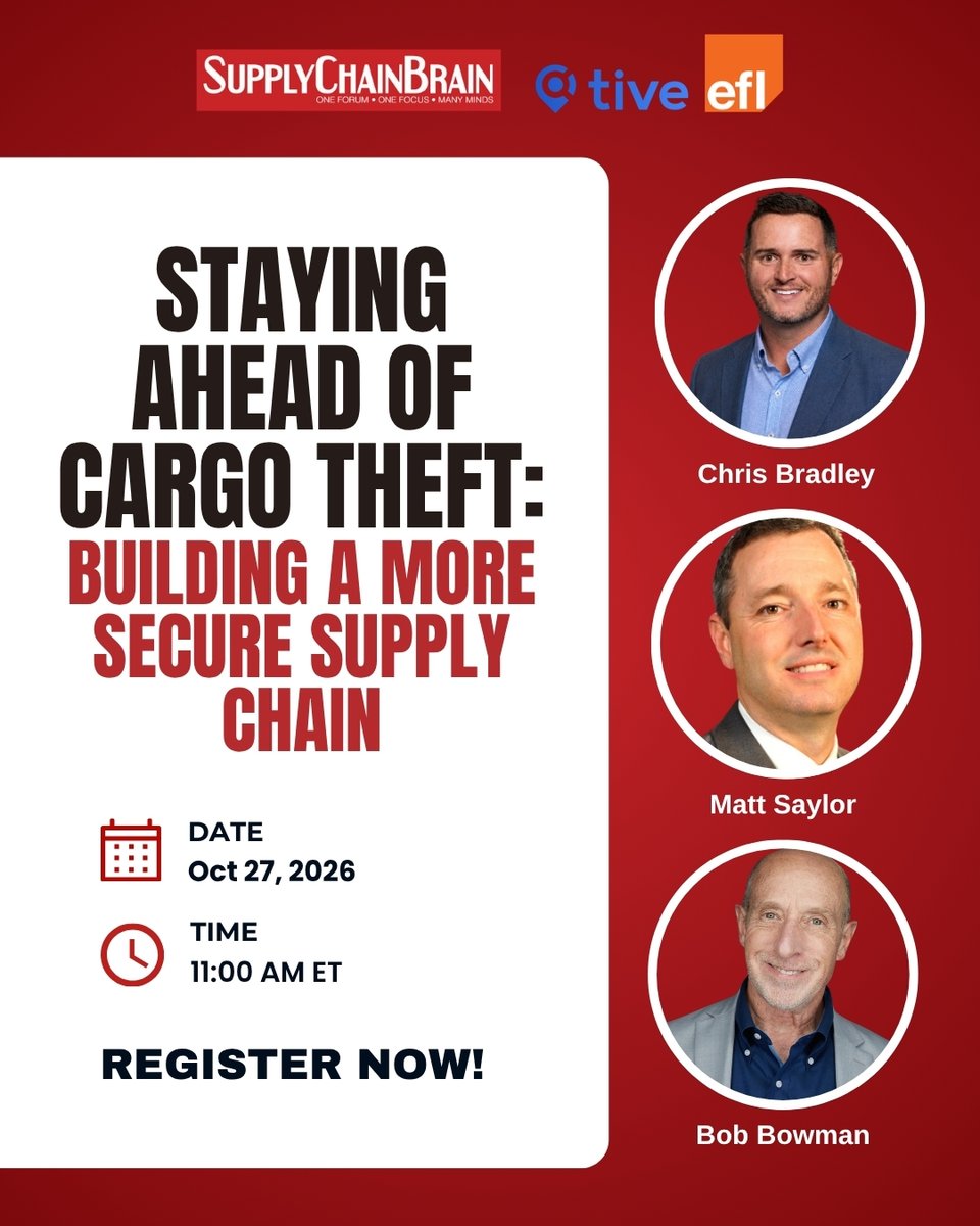 SCBrain's tweet photo. Register Now: https://t.co/qpyUw7Z5qK
Cargo theft is becoming more organized and harder to prevent. Join our upcoming webinar to learn how today’s threats are changing and what organizations can do to better protect their freight. #Tive #supplychainbrain https://t.co/qrjYMmxyu3