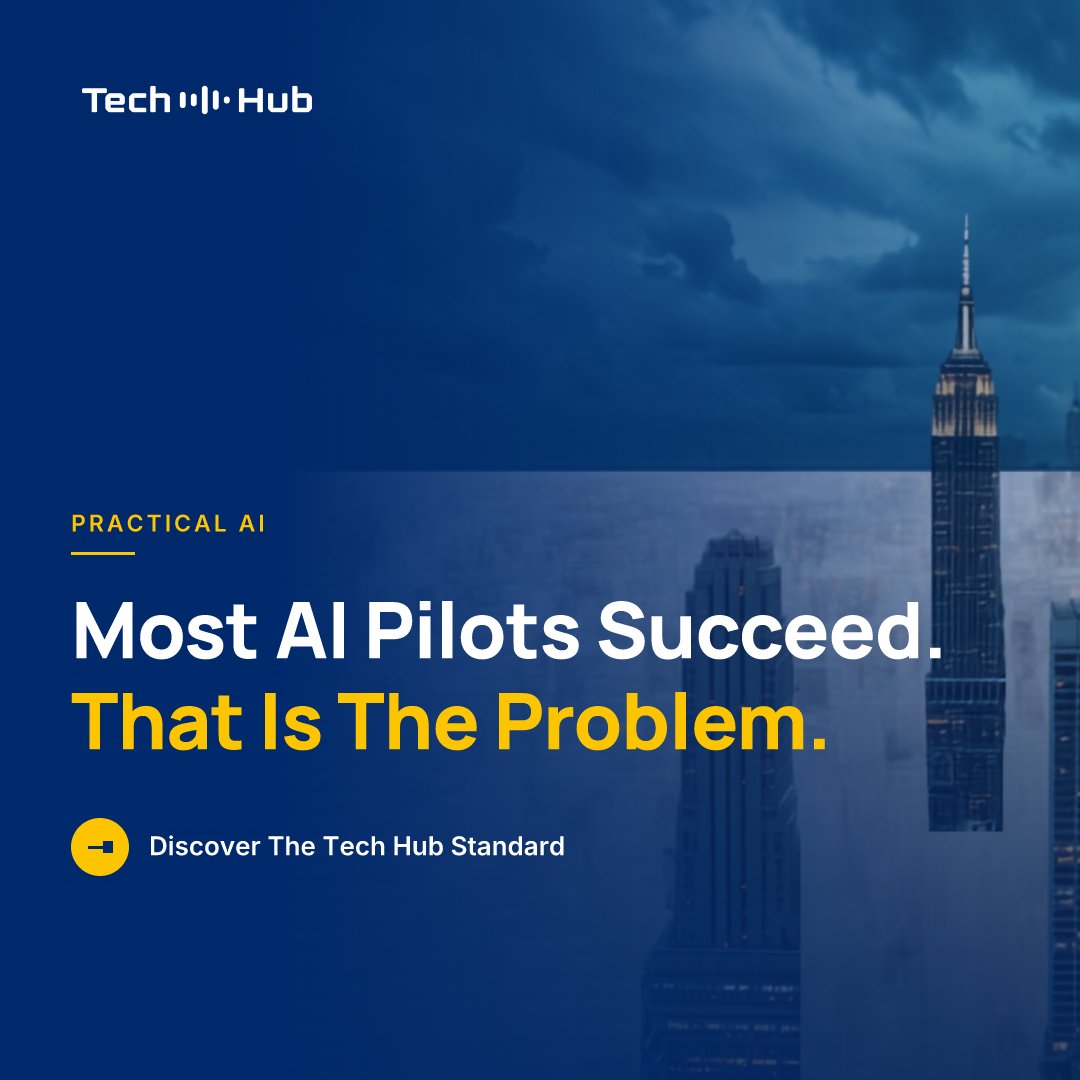 techhubus's tweet photo. Most AI pilots succeed. That is the problem.
A clean slice, a motivated team, someone watching it daily. None of that survives contact with the other ninety percent.
Pilot the messy case or the pilot proves nothing.
#AI #Automation #TechnologyStrategy #TechHub https://t.co/Zh4cKttlfx