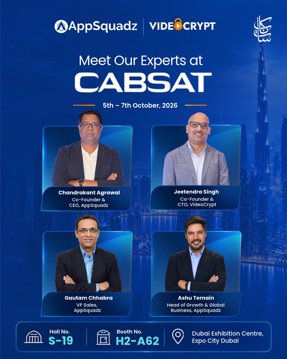 appsquadz's tweet photo. 4 days to go for CABSAT 2026!

Our experts are heading to Dubai to showcase:
• VideoCrypt AI Suite
• Integrated Newsroom
• OTT Streaming Suite
• Custom Software Development
📍 Hall S-19 | Booth H2-A62 | 5–7 October

#CABSAT2026 #AppSquadz #VideoCrypt #MediaTechnology https://t.co/RiJMrKJHjv