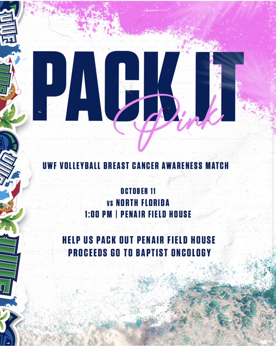 CoachWolterUWF's tweet photo. October is Breast Cancer Awareness month. Please help us pack the gym next Sunday Oct 11th at 1pm and raise money to raise awareness and find a cure. 2026 marks 20 years cancer free for me!! Let’s celebrate with a packed house and a win!! #UWFVB #KillCancer #PackItPink #GoArgos https://t.co/Ar6NXF1GgG