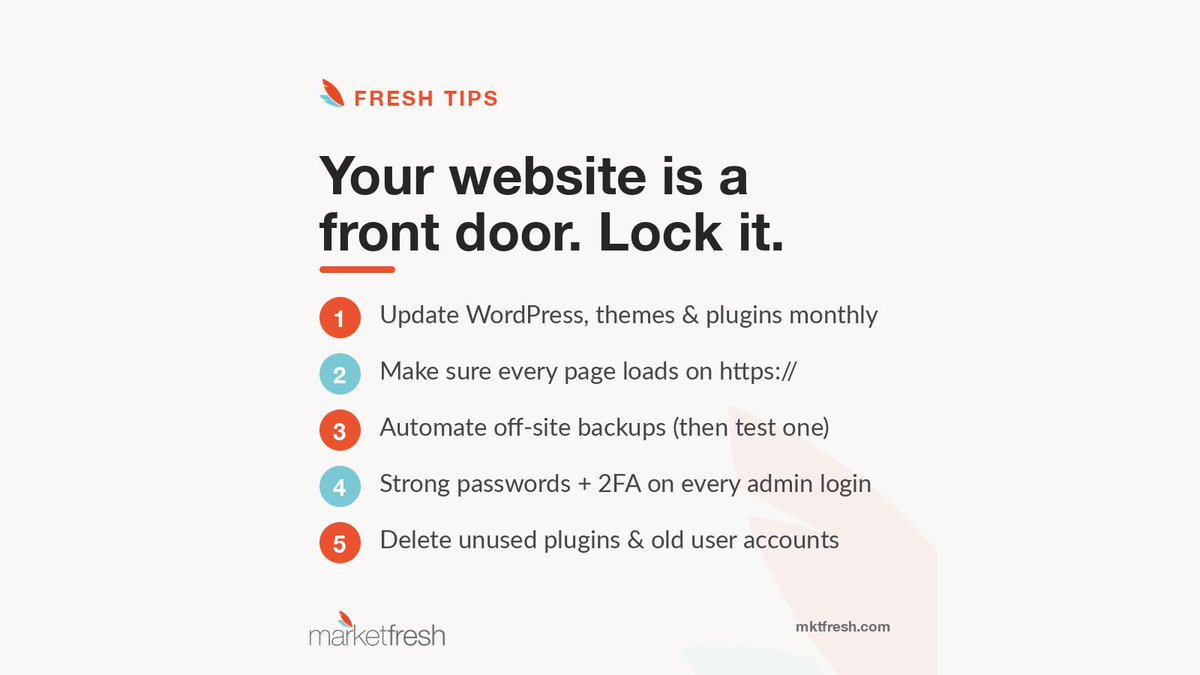 mktfresh's tweet photo. Most small-business sites don't get hacked because someone targeted them.

They get hacked because nobody updated a plugin.

Update monthly. HTTPS everywhere. Test your backups. Turn on 2FA. 🌱

More tips all month from @StaySafeOnline.

#CybersecurityAwarenessMonth https://t.co/1wrGuBvT1X