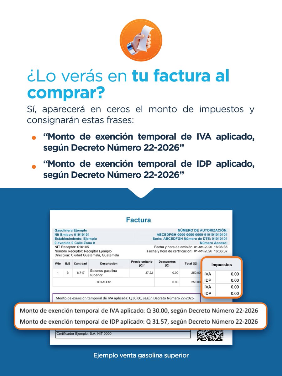 SATGT's tweet photo. La #SAT está lista para aplicar la exención tributaria (#IVA e #IDP) temporal a combustibles:

🗓 1 de octubre al 31 de diciembre 2026.
💻 Se realizaron ajustes en sistemas de Factura Electrónica y en declaraciones aduaneras e incisos arancelarios.
🛃 Controles tributarios y aduaneros.

Así se reflejará en tus facturas 👇