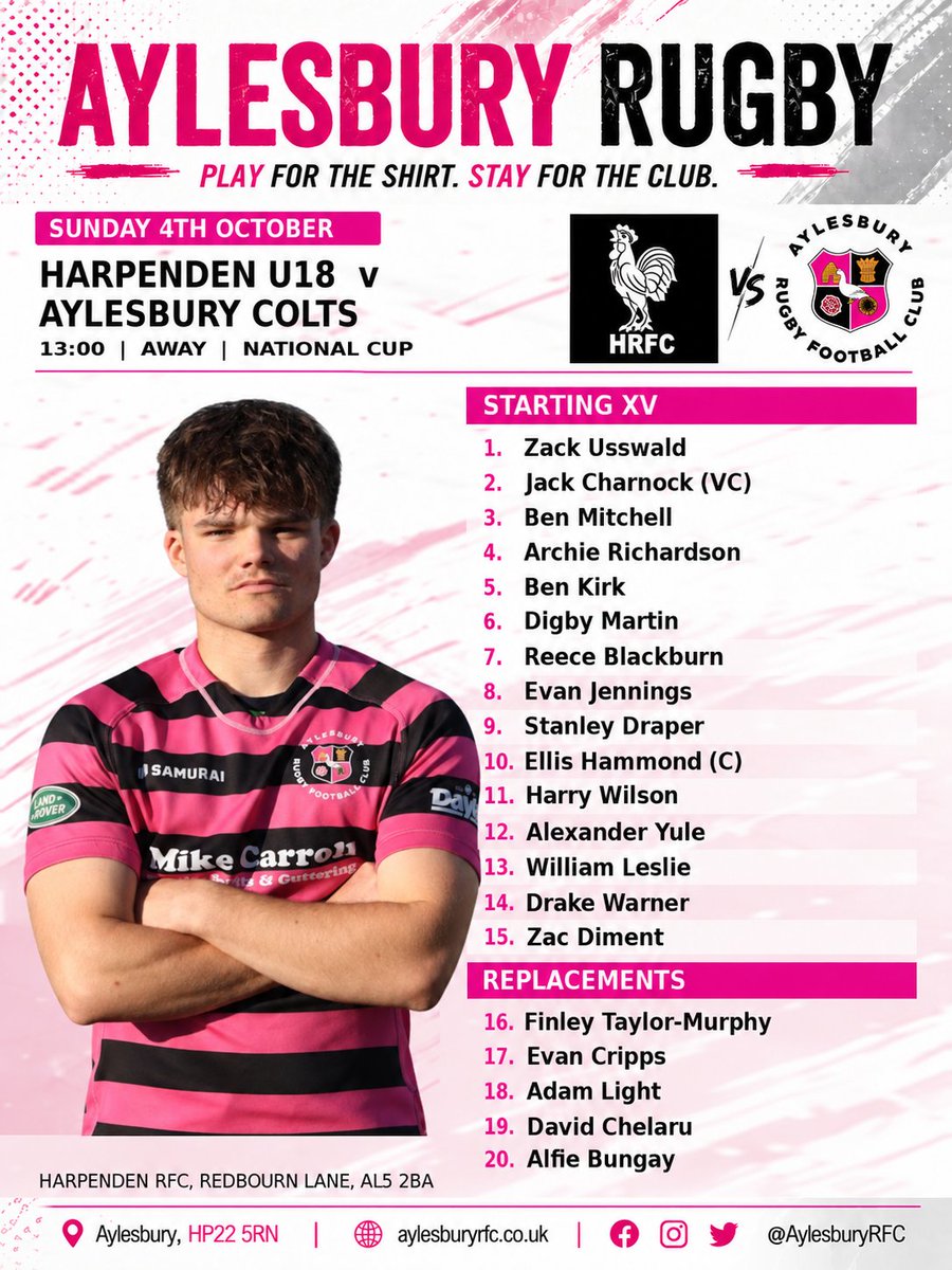 AylesburyRFC's tweet photo. 🏆 National Cup Sunday!
Harpenden U18 v Aylesbury Colts
📅 Sun 4 Oct | KO 1pm
📍 Harpenden RFC, AL5 2BA
Ellis Hammond (C) | Jack Charnock (VC)
Please go along and support the lads if you can! 🖤💗
#AylesburyRugby #NationalCup https://t.co/e3FHxd5aeE