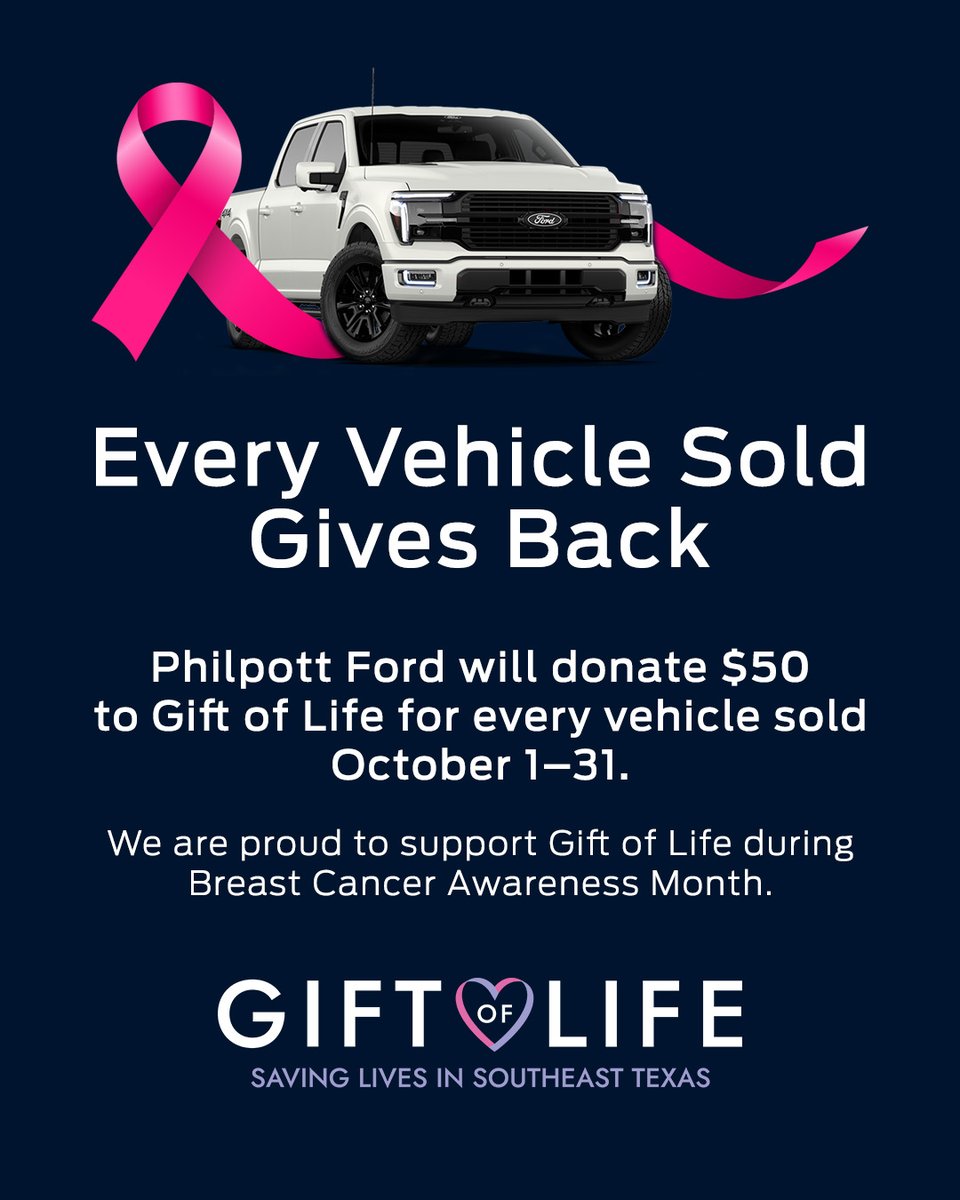 PhilpottFord's tweet photo. This October, Every Vehicle Sold Gives Back. 🎀 

We are incredibly proud to partner with Gift of Life in honor of Breast Cancer Awareness Month. From October 1–31, Philpott Ford will donate $50 to Gift of Life for every single vehicle sold to help support our local community. https://t.co/v0mixYgEZs