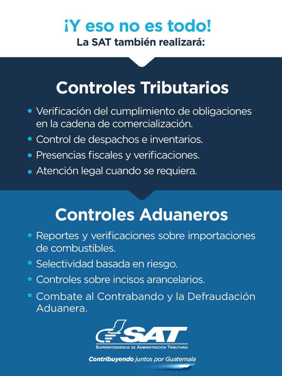 SATGT's tweet photo. La #SAT está lista para aplicar la exención tributaria (#IVA e #IDP) temporal a combustibles:

🗓 1 de octubre al 31 de diciembre 2026.
💻 Se realizaron ajustes en sistemas de Factura Electrónica y en declaraciones aduaneras e incisos arancelarios.
🛃 Controles tributarios y aduaneros.

Así se reflejará en tus facturas 👇