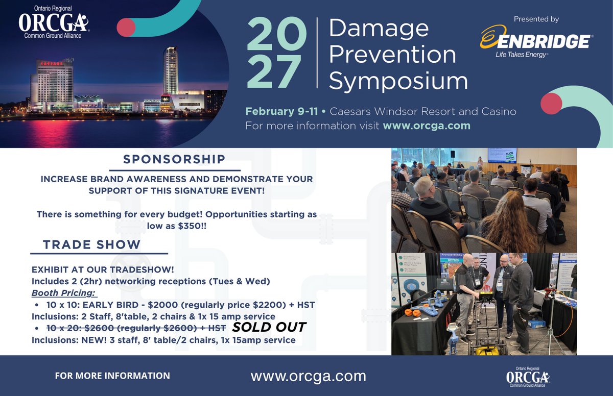 ORCGA's tweet photo. 📣 ONLY 10 TRADESHOW BOOTHS LEFT!

Looking to make a splash at the 2027 Damage Prevention Symposium? Tradeshow and sponsorship opportunities are open to our full member database, but booth space is filling up quickly!

📧 Email rebecca@orcga.com for more information. https://t.co/mf1okPc3IN