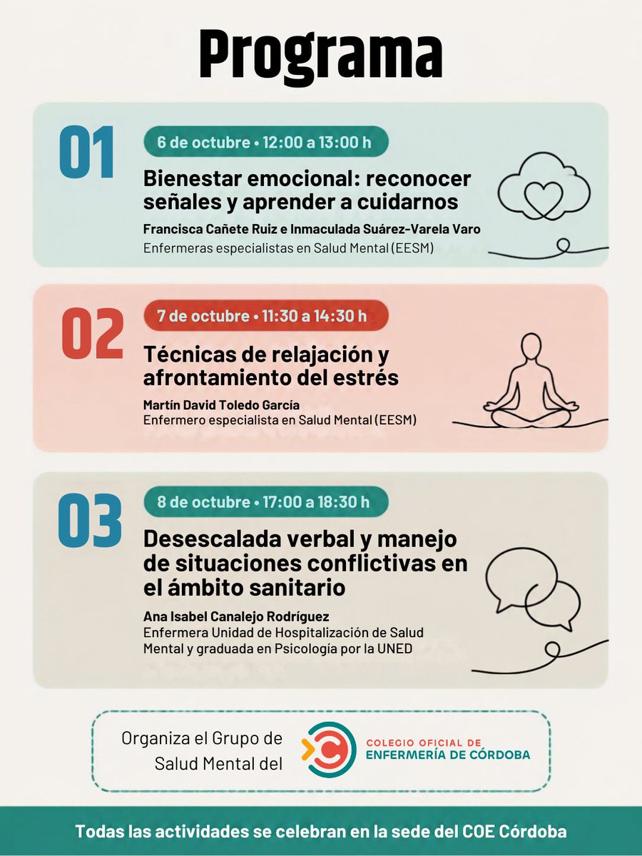 COECordoba's tweet photo. 🧠 ¡Llega la 'Semana de la Salud Mental del @COECordoba! Con charlas y talleres gratuitos abiertos a todos los cordobeses para cuidar su salud mental, con especial atención a los jóvenes.  El 6, 7 y 8 de octubre. Bajo inscripción previa. Más info: https://t.co/LBrdWRROiE https://t.co/lg3dXw0PsL