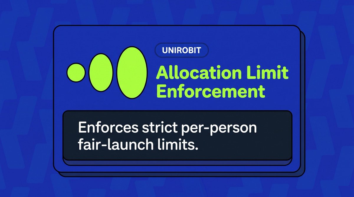 UnirobitProof's tweet photo. Fair allocation starts with enforceable limits.

#1 Unirobit’s Allocation Limit Enforcement is designed to apply each launch’s allowance per person, even when a participant uses multiple wallets.

#2 Define the Allowance
Set a clear allocation limit for each eligible participant.
Verify Every Claim
Use private proofs to check that a claim stays within the participant’s allowance.

#3 Reject Excess Claims
Once you reach your limit, another linked wallet cannot provide an extra allocation.
One Person. One Fair Allocation.