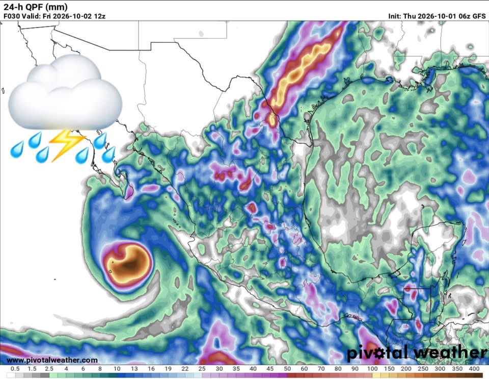 InfoMeteoro's tweet photo. ⚠️PRONÓSTICO JUEVES 1/OCT/2026

🚨#TemporalLluvioso con intensas tormentas en el noreste, occidente, centro, sur, oriente y sureste por humedad del huracán #Rachel y #FrenteFrío1

⛈️LLUVIAS/TORMENTA C/GRANIZO⬇️

🔴EVENTOS MÁS INTENSOS🔴
-Coah, NL, Tamps, Sin, Dgo, Nay, Zac, SLP, Qro, Hgo, EdoMex, CDMX, Mor, Pue, Tlax, Oax, Ver, Chis, Camp, QRoo

🟡EVENTOS AISLADOS FUERTES
-BCS, Jal, Col, Ags, Mich, Gto, Gro, Tab, QRoo

🌡️AMBIENTE DIURNO☀️
🥵36-40ºC noroeste, noreste, sureste
😅30-35ºC norte, oriente, Pacífico
😅20-30ºC occidente, Altiplano (Bajío-Valle de Méx)

⚠️🌬️RÁFAGAS DE VIENTO km/h
35-60 en el norte, noreste, centro y zonas de tormenta, sin descartar mayores