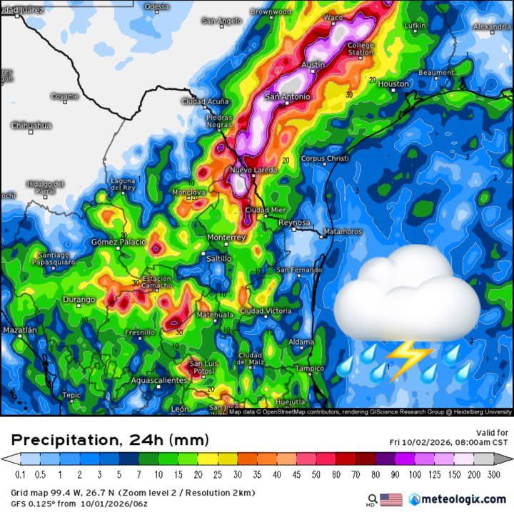 InfoMeteoro's tweet photo. ⚠️PRONÓSTICO JUEVES 1/OCT/2026

🚨#TemporalLluvioso con intensas tormentas en el noreste, occidente, centro, sur, oriente y sureste por humedad del huracán #Rachel y #FrenteFrío1

⛈️LLUVIAS/TORMENTA C/GRANIZO⬇️

🔴EVENTOS MÁS INTENSOS🔴
-Coah, NL, Tamps, Sin, Dgo, Nay, Zac, SLP, Qro, Hgo, EdoMex, CDMX, Mor, Pue, Tlax, Oax, Ver, Chis, Camp, QRoo

🟡EVENTOS AISLADOS FUERTES
-BCS, Jal, Col, Ags, Mich, Gto, Gro, Tab, QRoo

🌡️AMBIENTE DIURNO☀️
🥵36-40ºC noroeste, noreste, sureste
😅30-35ºC norte, oriente, Pacífico
😅20-30ºC occidente, Altiplano (Bajío-Valle de Méx)

⚠️🌬️RÁFAGAS DE VIENTO km/h
35-60 en el norte, noreste, centro y zonas de tormenta, sin descartar mayores