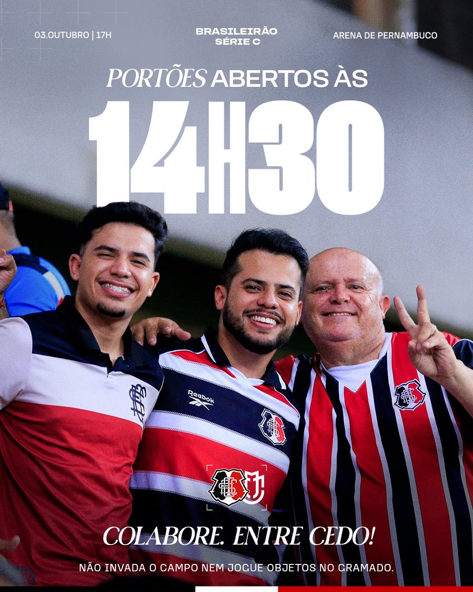 SantaCruzFC's tweet photo. SÁBADO É DIA DE SANTA! 🐍🏟️

Os portões da Arena de Pernambuco abrem às 14h30. Chegue cedo eocupe seu lugar. Vamos juntos pelo Santa! 🖤🤍❤️🐍 https://t.co/HiTr1RHil5