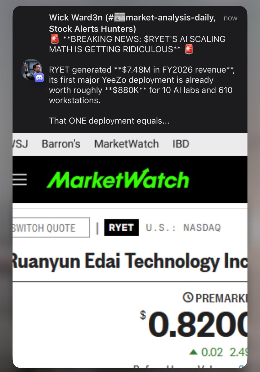 DigLazurusDig's tweet photo. Discord chatter around $RYET is starting to heat up, with some traders speculating that the stock could move back above $1 and potentially much higher if momentum keeps building

The talk is being fueled by the $7.48M FY2026 revenue, the ~$880K YeeZo deployment, 10 AI labs and 610 workstations

Nothing official here, just trader speculation, but the attention around RYET is clearly increasing