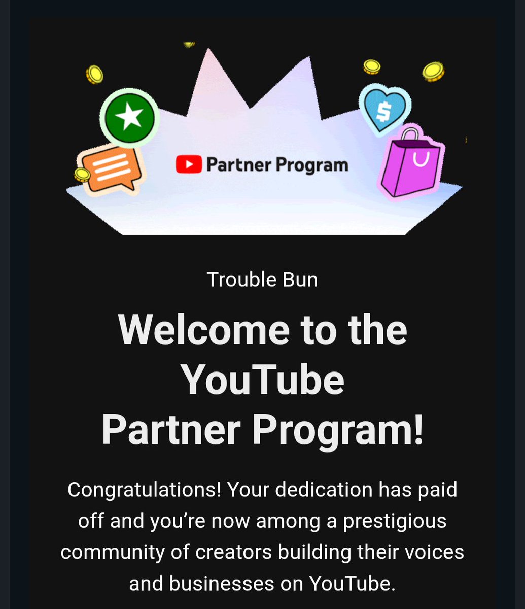 TroubleBun's tweet photo. Got accepted into the YouTube Partner Program! The first milestone is completed!

Once I hit 1k subscribers I'll be able to apply for the final milestone!

To my wonderful community of Troublemakers thank you for making this even possible! 

374 subscribers away from my dream 💜 https://t.co/PapAGr3E0N
