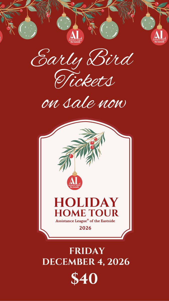 ALEastside's tweet photo. Early Bird Tickets on Sale now! 

https://t.co/DiQYt2MaBB 

#HolidayHomeTour #AssistanceLeagueEastside #HolidayDecorating #EastsideEvents #HolidayTraditions https://t.co/NECKWJSSsD