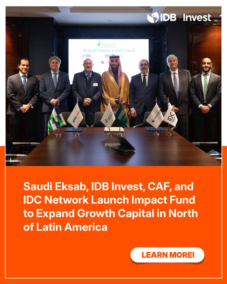 BIDInvest's tweet photo. IDB Invest, Saudi Eksab for International Investments Company, CAF and IDC Network have partnered to launch the Saudi Eksab, IDC Network Impact Fund.
 
Focused primarily on Central America and the Caribbean, the Fund aims to finance established, high-growth businesses in food, distribution, retail, and other consumer-driven sectors.
 
Learn more: https://t.co/Dx8FXSujie