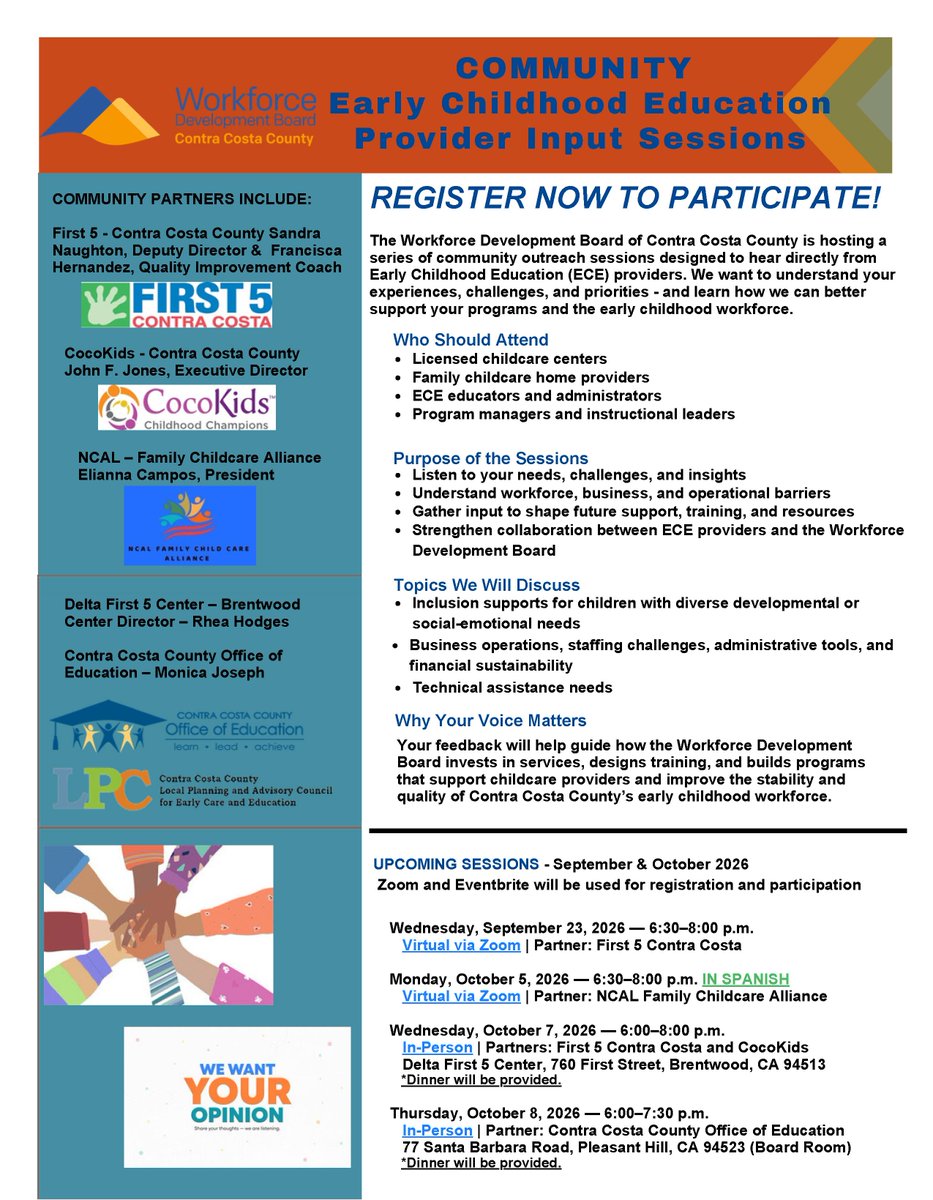 First5CoCo's tweet photo. @WDBCCC is hosting a series of community outreach sessions to hear directly from Early Childhood Education (ECE) providers.

📅 Oct. 5, 7 &amp; 8
🔗 Register using the links on the flyer: https://t.co/oCXYg5n1l3

#ECE #EarlyChildhood https://t.co/YIdq3ixicw