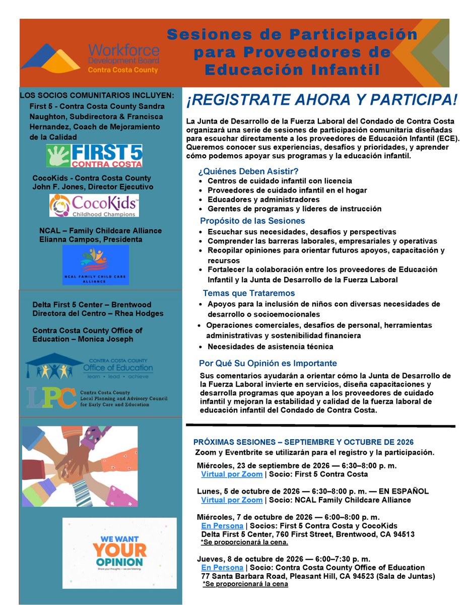 First5CoCo's tweet photo. @WDBCCC is hosting a series of community outreach sessions to hear directly from Early Childhood Education (ECE) providers.

📅 Oct. 5, 7 &amp; 8
🔗 Register using the links on the flyer: https://t.co/oCXYg5n1l3

#ECE #EarlyChildhood https://t.co/YIdq3ixicw