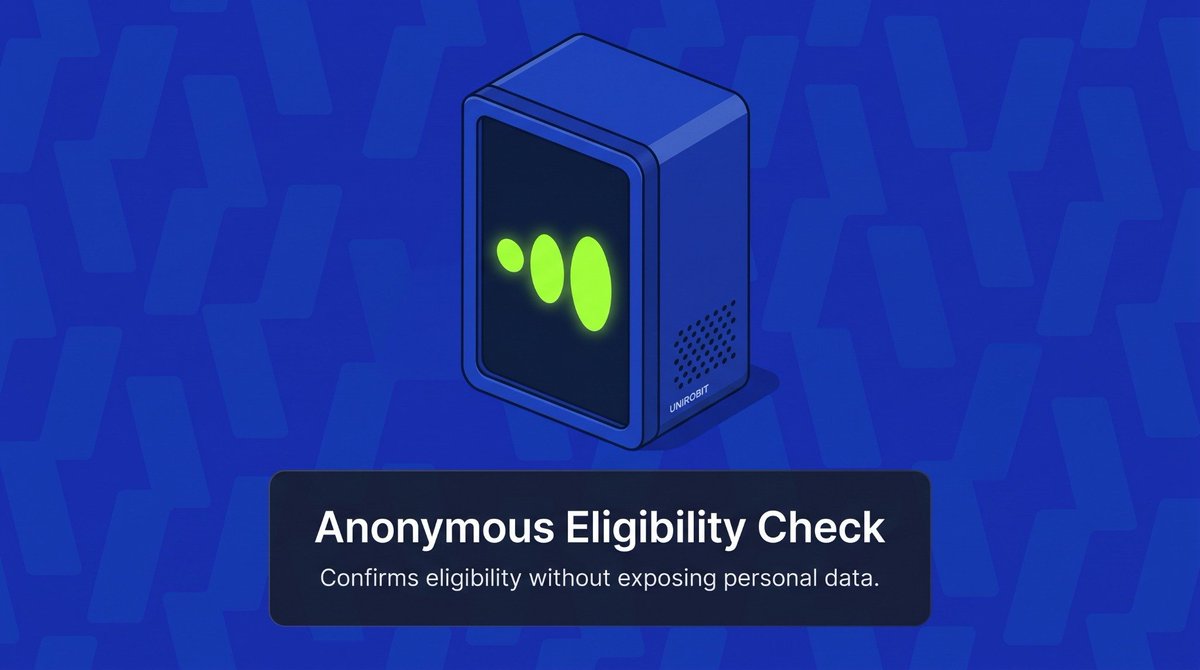 UnirobitProof's tweet photo. Prove you qualify. Keep your personal data private.

Unirobit’s Anonymous Eligibility Check is designed to confirm fair-launch eligibility through private proofs.

1. Verify Launch Requirements
Prove that you meet the launch’s participation rules without publicly revealing your identity.

2. Protect Personal Data
Keep your name, identity documents, and wallet balances out of the public eligibility check.

3. Confirm Allocation Access
Show that you remain within your per-person allowance without exposing your other wallet addresses.
One Person. One Fair Allocation.