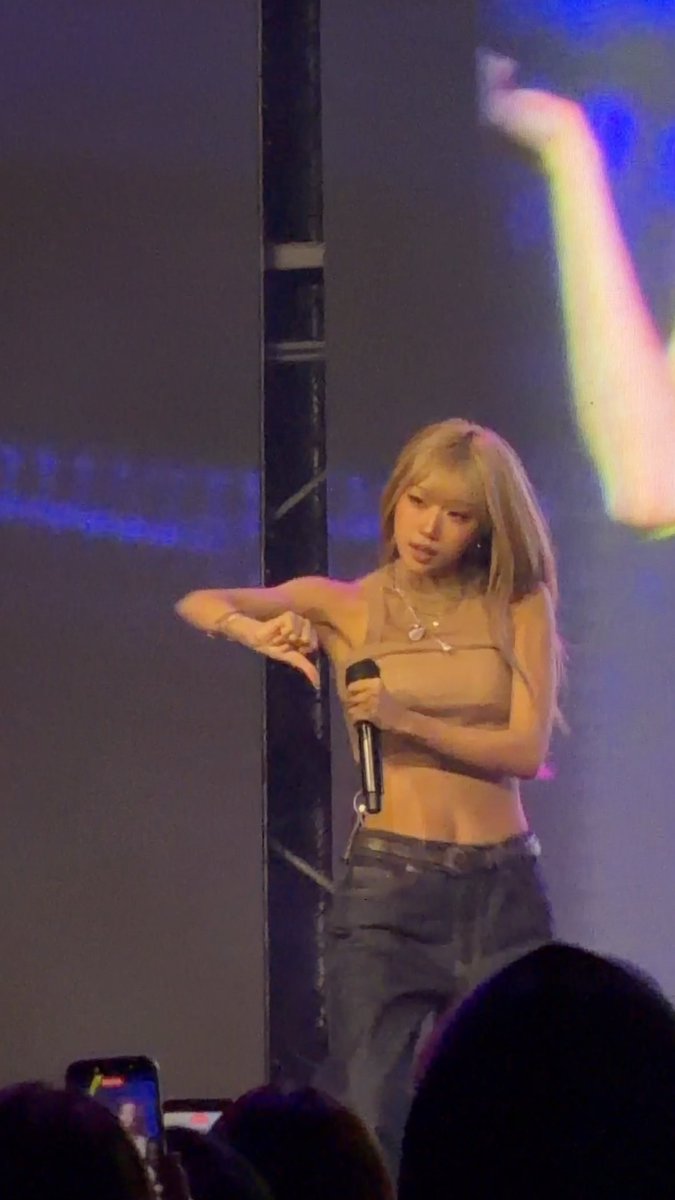 A concert photo shows a blonde female performer in a beige crop top and dark pants holding a microphone and pointing, with stage lighting and audience members visible in the foreground.