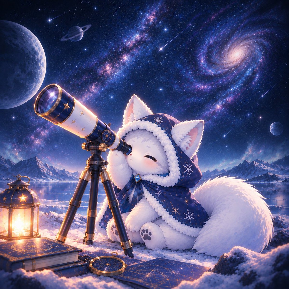 silver_fox_AI's tweet photo. 10/2 望遠鏡の日。 
夜空の向こうには、どんな世界が広がっているんだろう。 
#AIイラスト #オリジナルキャラ #望遠鏡の日 https://t.co/LdLwNFVMCp