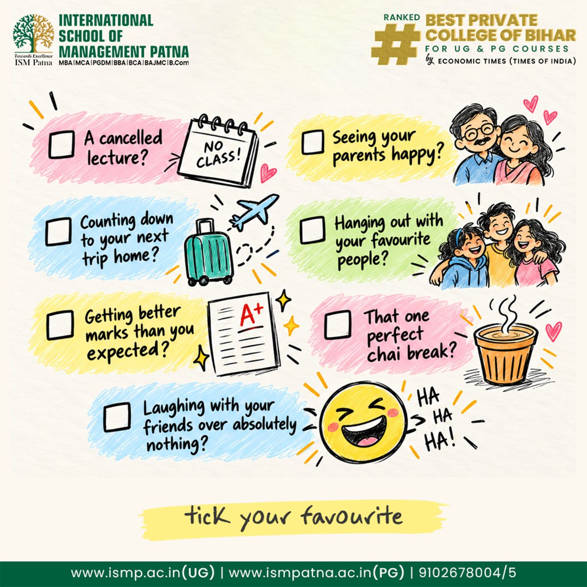 ISMPatna's tweet photo. Because campus life isn’t just about classes and deadlines. It’s about the little moments that make an ordinary day a little brighter. 
Now tell us, what’s your instant reason to smile?
.
.
.
.

#ISMPatna #WorldSmileDay😊 #EverySmileMatters #SpreadSmiles #CollegeLife #StudentLife #HappyMoments