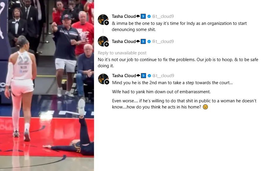 Ballislife's tweet photo. Natasha Cloud on the Fever organization and the fan who pointed at A'ja Wilson:

"If he’s willing to do that s**t in public to a woman he doesn’t know….how do you think he acts in his home?"

(via Threads) https://t.co/xm7g4j8HZm