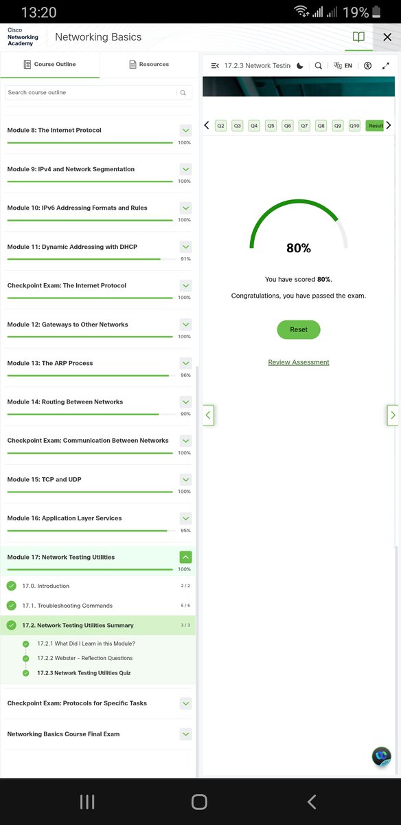 oladmejixx's tweet photo. Day 18✅

Today, I completed the last two modules(16 &amp; 17) of the Networking Basics course on @CiscoNetAcad.

I studied the Application Layer services and the Network Testing Utilities. Later on, I did the module assessment quiz and also the checkpoint exam, results shown below👇 https://t.co/U5IriHTJ3V