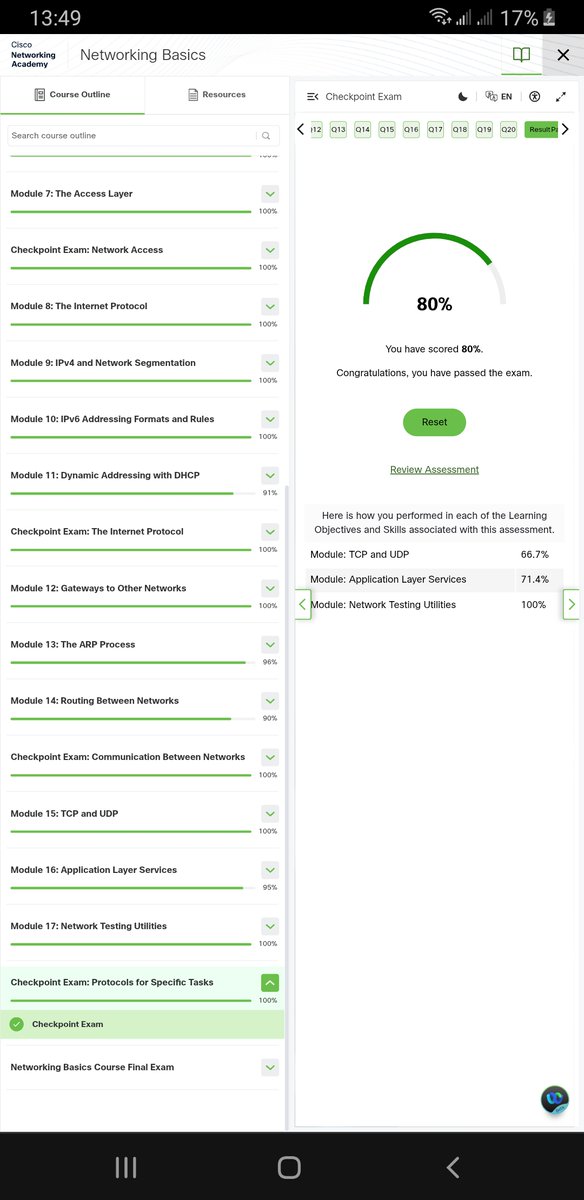 oladmejixx's tweet photo. Day 18✅

Today, I completed the last two modules(16 &amp; 17) of the Networking Basics course on @CiscoNetAcad.

I studied the Application Layer services and the Network Testing Utilities. Later on, I did the module assessment quiz and also the checkpoint exam, results shown below👇 https://t.co/U5IriHTJ3V