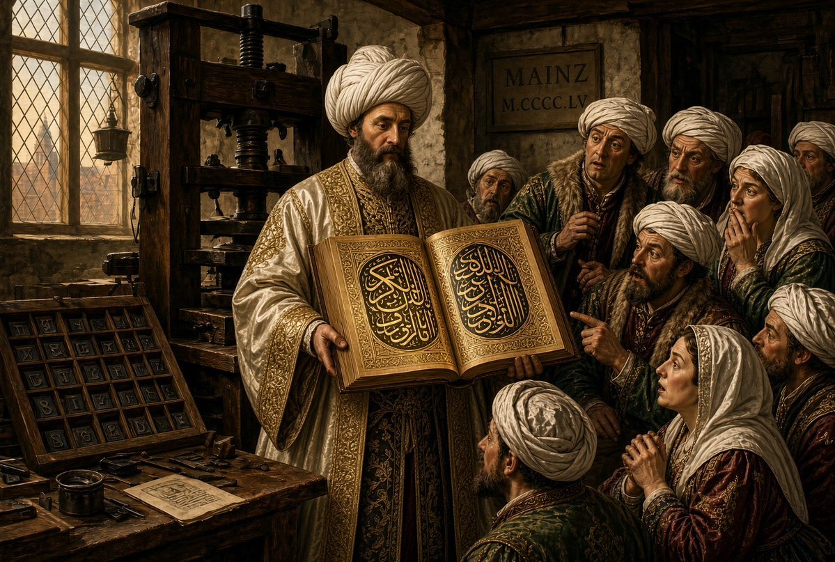 LorettaGoldan's tweet photo. Türkische Gastarbeiter erfinden den Buchdruck mit beweglichen Lettern.

1455 präsentiert Jöhammed Gütentürk sein erstes vollständig auf diese Weise gedrucktes Werk:

Den Gütentürk-Koran. https://t.co/xZ2s1SMfIb