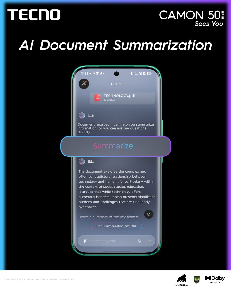 TECNOMobile254's tweet photo. Less reading. More knowing.
CAMON 50 Series AI Document Summarization.
Let AI handle the heavy lifting.
#TECNOAI #CAMON50Series #TECNOKenya https://t.co/4E2HJLzGmg
