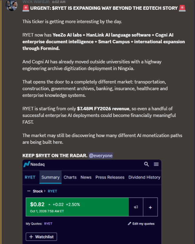 DigLazurusDig's tweet photo. Discord chatter around $RYET is starting to heat up, with some traders speculating that the stock could move back above $1 and potentially much higher if momentum keeps building

The talk is being fueled by the $7.48M FY2026 revenue, the ~$880K YeeZo deployment, 10 AI labs and 610 workstations

Nothing official here, just trader speculation, but the attention around RYET is clearly increasing