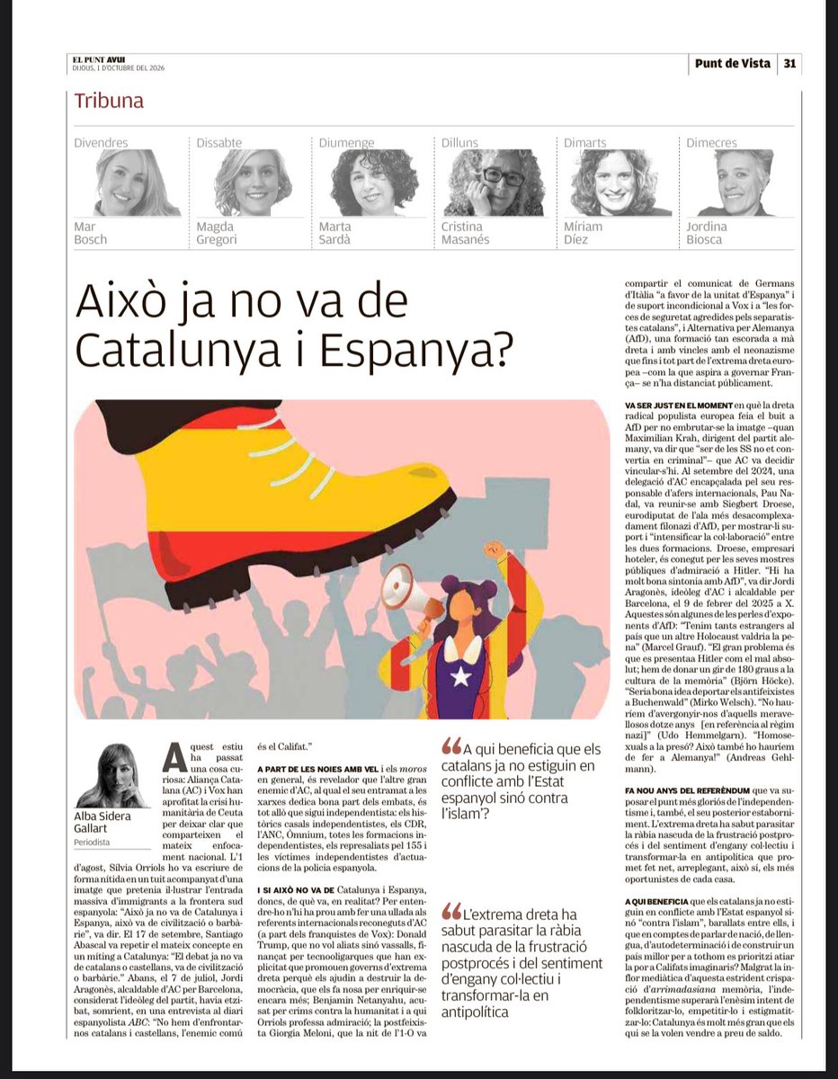 albasidera's tweet photo. Vox i AC comparteixen el mateix enfocament nacional. “Això ja no va de Catalunya i Espanya, va de civilització o barbàrie”, diuen. A qui beneficia q els catalans ja no estiguin en conflicte amb l’Estat espanyol sinó “contra el Califat”? La tribuna d’avui:

https://t.co/z5eXRRoLtg https://t.co/5ShN2taKoD