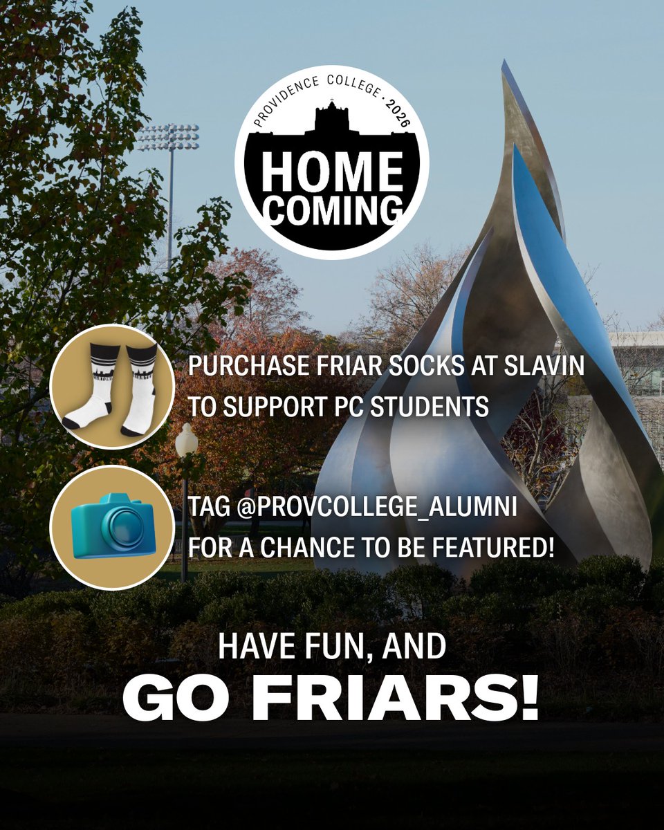 ProvidenceCol's tweet photo. Ready to celebrate #PCHomecoming2026, October 2-4! 🎉 Be sure to:

🗓️ See the weekend schedule: https://t.co/bEiCZtPnP2
🚗 Find parking, facility hours, and more: https://t.co/a6GRJheDcz
📍 Check in at the Slavin Center when you arrive.

Have fun — and #GoFriars! 🖤🤍 https://t.co/FBVBsBlx0U