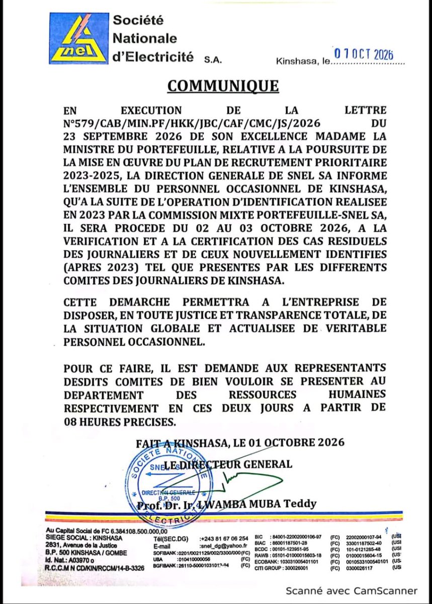 richardkasonga1's tweet photo. BonneNouvelle | SNEL SA

La SNEL SA informe l’ensemble des personnels temporaires (journaliers) que l’opération d’identification en vue de la régularisation de leur situation administrative est lancée et se déroulera du 02 au 03 octobre 2026.

Un plan de déploiement, ainsi que la procédure applicable à cette opération, seront communiqués aux intéressés par la Direction des Ressources Humaines.

Une étape importante vers la régularisation administrative des personnels concernés.