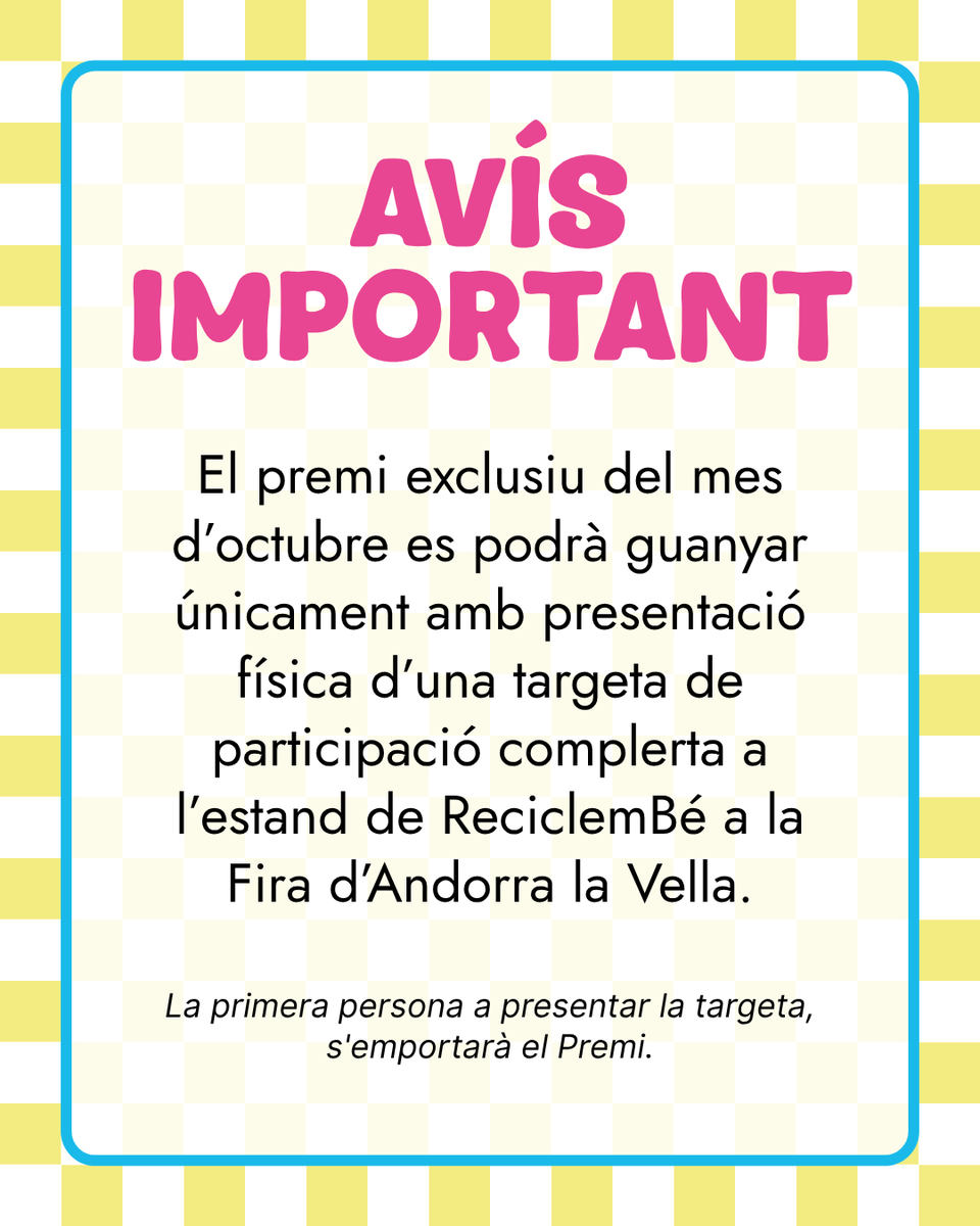 ReciclemBe's tweet photo. 📣 CONCURS 📣 PREMI DEL MES D'OCTUBRE

Aquest mes, pots guanyar una targeta de regal de 100 € per a la Fnac.
Visita'ns al nostre estand de la Fira d'Andorra la Vella amb la teva targeta complerta!
*Condicions al web

🤔 Encara t'ho estàs pensant?

#SPALD #andorra #reciclembe https://t.co/1WAmMqQVVC