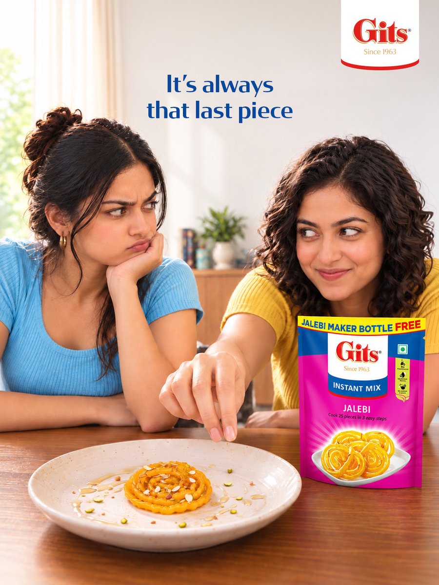 Gitsfood's tweet photo. When there’s only one Jalebi left, friendship goes out the window. 😋😂 

Gits Instant Mix Jalebi.💛

[Gits, Instant Mix, Jalebi, 3 Easy Steps] https://t.co/ePkPkaP6Yx