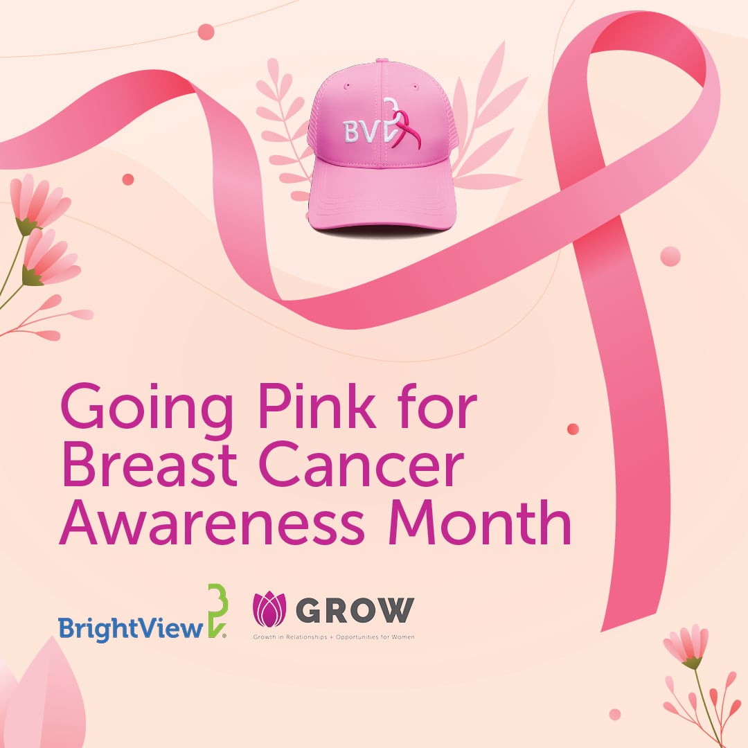 BrightView's tweet photo. In recognition of Breast Cancer Awareness Month, all 18,000 of our team members will receive our annual pink hat as a symbol of support for those impacted by breast cancer—and to honor the survivors, fighters, and loved ones we remember. https://t.co/2GjuP0pRT2 https://t.co/RCxK5y3lMt