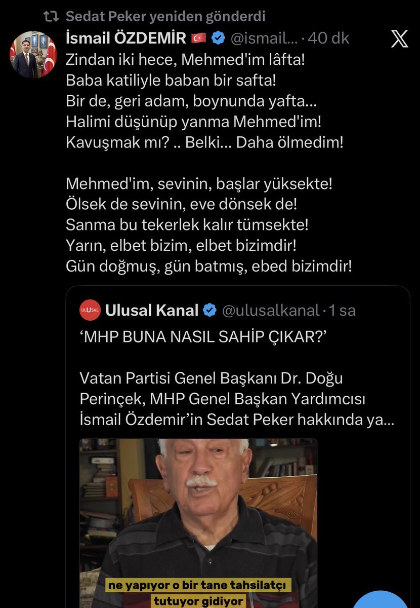 emirguzel_'s tweet photo. MHP Genel Başkan Yardımcısı Sayın @ismailozdemirrr, Sayın Reis Sedat PEKER’in ülkemize döneceği yönündeki açıklamasına karşılık açıklama yapan Doğu Perinçek’e, Necip Fazıl Kısakürek’in anlamlı bir şiirinden dizeler paylaşarak cevap verdi. https://t.co/nBLe0NpOFi