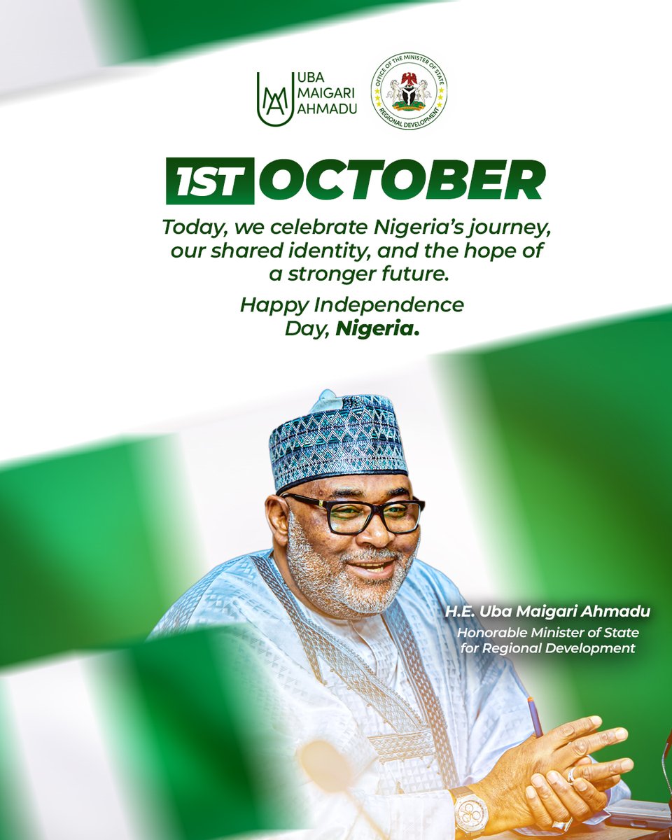 UbaMaigari1's tweet photo. Today, we celebrate Nigeria’s Independence Day and the strength, resilience, and diversity that bind us together as a nation.

We remain committed to building a peaceful, united, and prosperous Nigeria for generations to come.

Happy Independence Day, Nigeria! 🇳🇬 https://t.co/Xj2DGV8Gcm