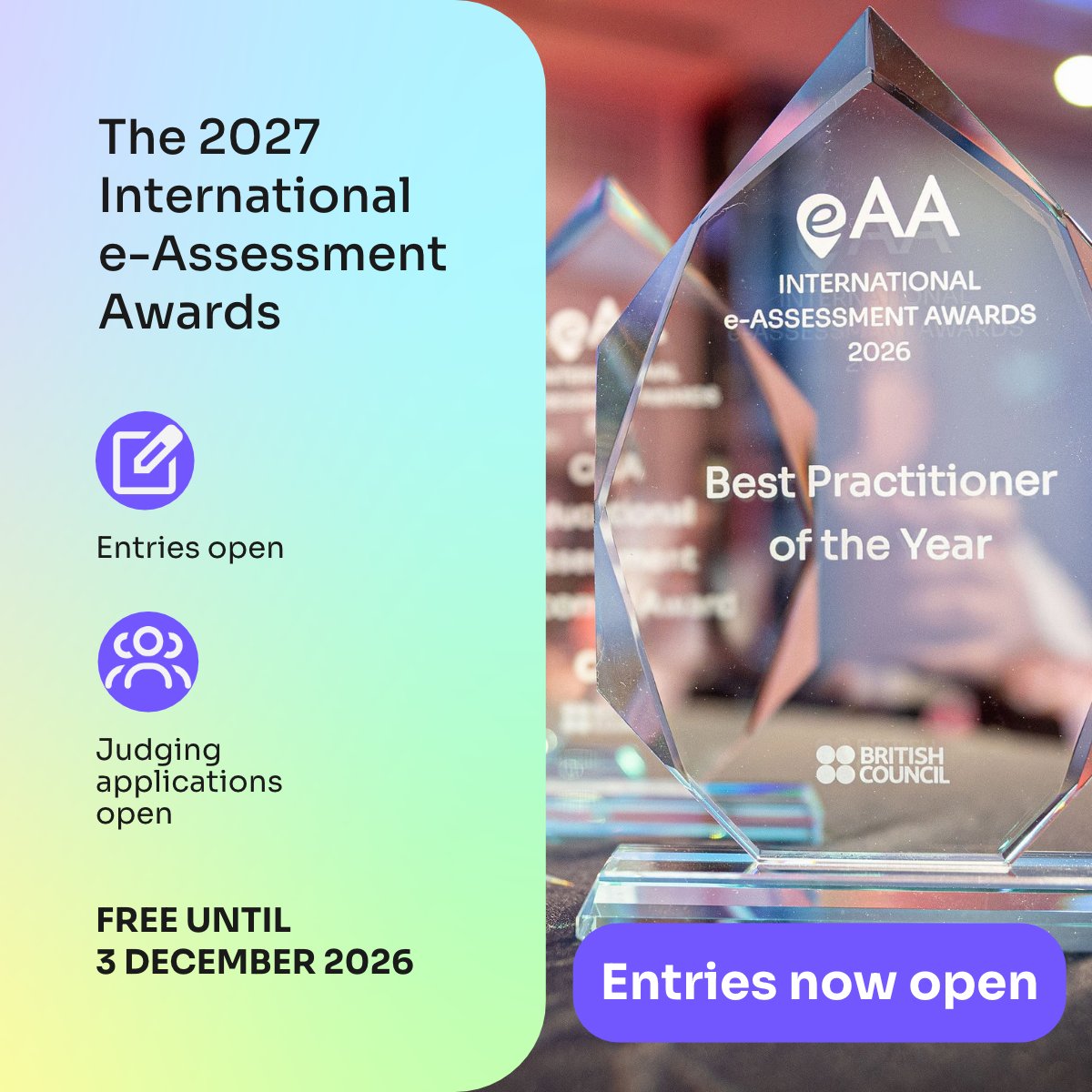 eAssess's tweet photo. 🏆 The 2027 International e-Assessment Awards are open!

✨ Entries are FREE until 3 December:
https://t.co/o1BPWMdth9

Judging panel applications are also open:
https://t.co/1nkhzjpszn

Celebrate the projects, research &amp; innovations shaping digital assessment.

#eAssessment https://t.co/47Pr5yDX8Z