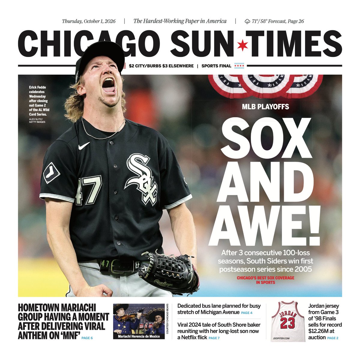 Suntimes's tweet photo. SOX AND AWE! 

Here's the front page of today's print edition of the Chicago Sun-Times, as the victorious White Sox head to the American League Division Series. https://t.co/p52ZHKlQIJ