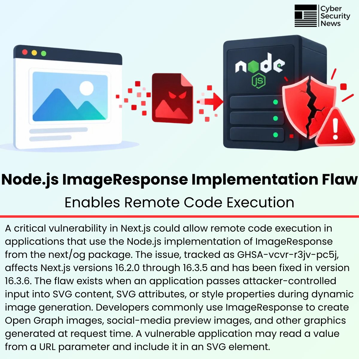 The_Cyber_News's tweet photo. ⚠️ Node.js ImageResponse Implementation Vulnerability Enables Remote Code Execution

Details: https://t.co/utxG644OQ4

A critical vulnerability in Next.js could allow remote code execution in applications that use the Node.js implementation of ImageResponse from the next/og package. The issue, tracked as GHSA-vcvr-r3jv-pc5j, affects Next.js versions 16.2.0 through 16.3.5 and has been fixed in version 16.3.6.

The flaw exists when an application passes attacker-controlled input into SVG content, SVG attributes, or style properties during dynamic image generation.

Developers commonly use ImageResponse to create Open Graph images, social-media preview images, and other graphics generated at request time. A vulnerable application may read a value from a URL parameter and include it in an SVG element.

#cybersecuritynews