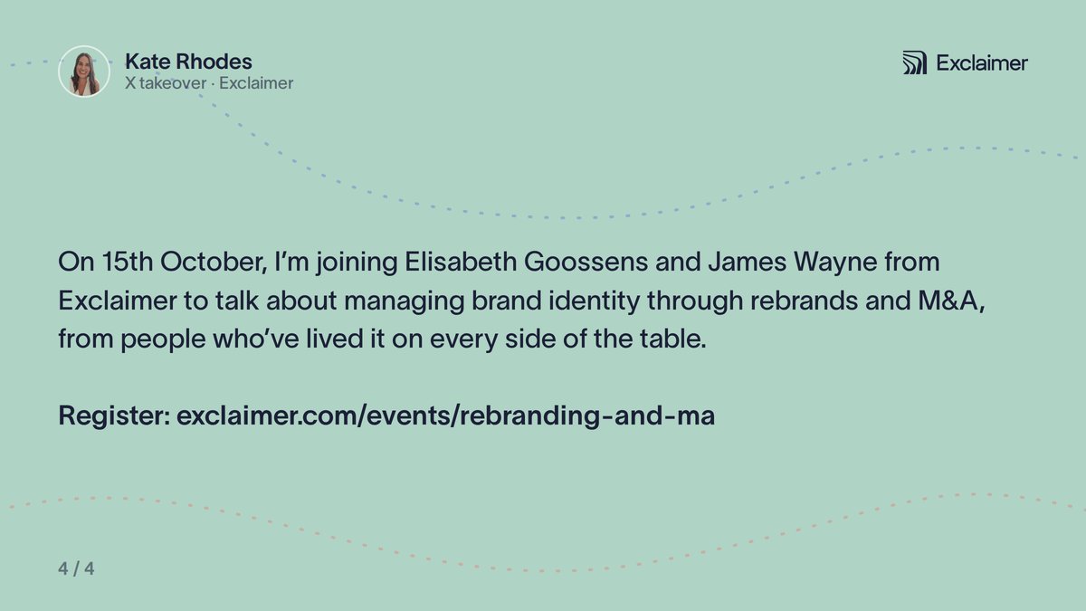 Exclaimer's tweet photo. Hi X! 👋 My name's Kate, Founder of House of Comms &amp; I’m excited to be taking over Exclaimer’s account today.

On October 15, I'm joining Elisabeth Goossens and James Wayne from Exclaimer, to discuss rebrands and M&amp;A. Register here 👉https://t.co/uTrfXH8CL2 https://t.co/MU0qIO7inU