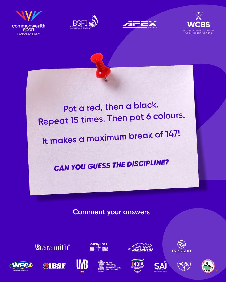 commonwealthcue's tweet photo. 15 reds. 15 blacks. 6 colours. 147 points. 🎱

If you know what this means, you know the answer. 👀

Comment your guess below and watch the action unfold at the Commonwealth Cue Sports Championships 2026!

🗓️ 7–10 October
📍 Ahmedabad, India

#CommonwealthCueSports #Snooker https://t.co/6nrSCDENfl