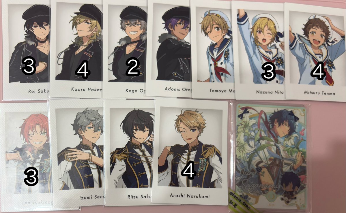beniu_stms's tweet photo. 【交換】あんスタ ぱしゃっつ 特典

譲:渉 桃李 弓弦 スバル 真 鉄虎 翠 忍 千秋 奏汰 藍良 マヨイ 凪砂 日和 ひなた みか 敬人 紅郎 颯馬 維吹 零 薫 晃牙 アドニス 友也 なずな 光 レオ 泉 凛月 嵐 夏目 つむぎ 宙 斑 エス ユメ ライカ

求:ジュン 燐音＞こはく1 ニキ1 ジュイス 望見 舞珠 チトセ https://t.co/lsqRZ7pAIH