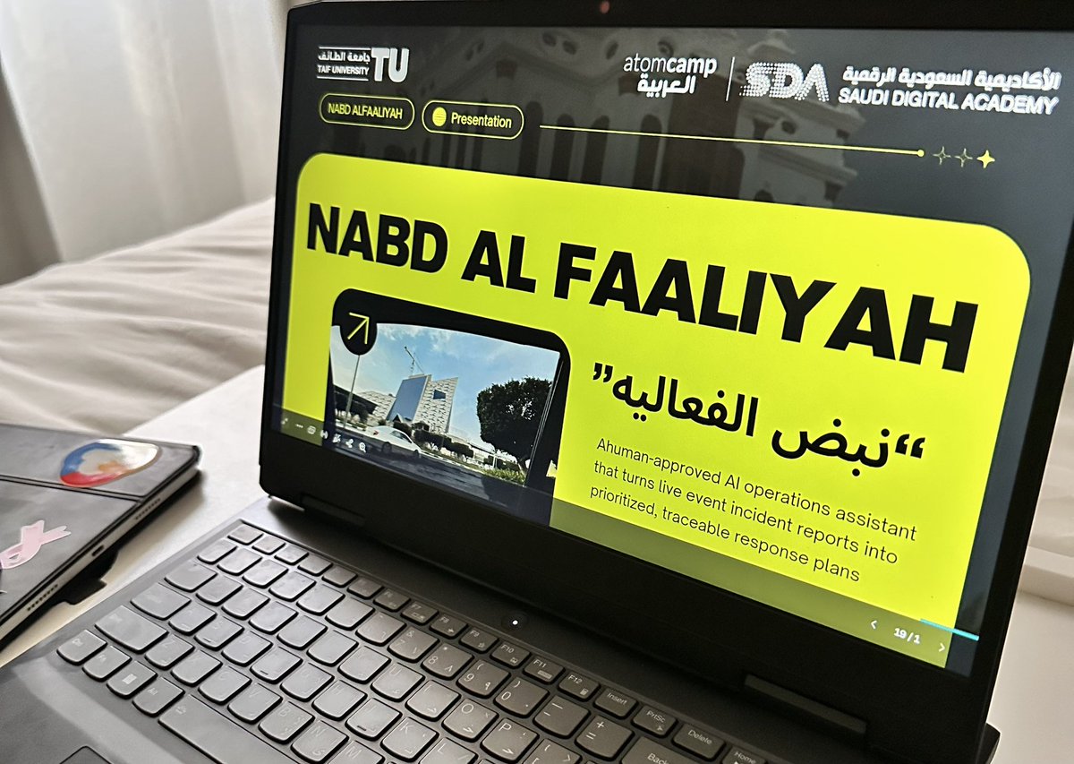 risk__sk's tweet photo. ضمن معسكر Agentic AI Bootcamp المقدم من الأكاديمية الرقمية السعودية @SdaAcademy و @atomcampArabia 

فخورون بحصولنا على المر��ز الثالث في مشروعنا
"نبض الفعاليه"✨

مساعد عمليات ذكي يحول بلاغات الحوادث الفورية في الفعاليات إلى خطط استجابة مرتبة وقابلة للتعديل والتتبع بدقة . https://t.co/al50oDCUOD